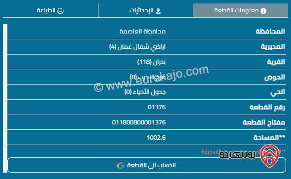 قطعة أرض مساحة 1002م للبيع في شفا بدران	