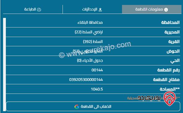 قطعة ارض مساحة 1031م للبيع في السلط