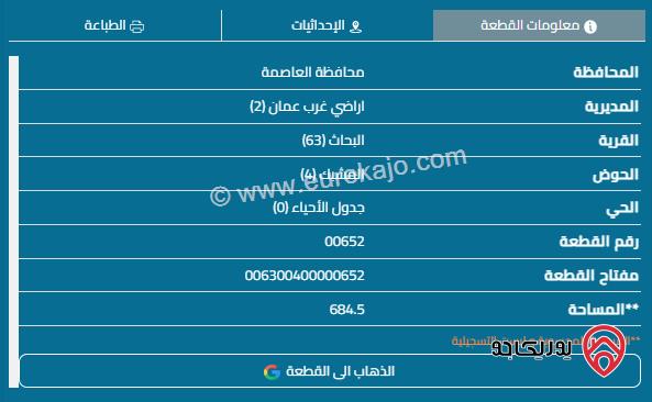 قطعة أرض مساحة 685م للبيع في ام عبهرة البحاث/ المشبك غرب عمان/مرج الحمام 