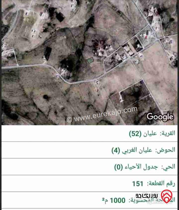 قطعة أرض مساحة دونم للبيع من أراضي جنوب عمان - قرية عليان 