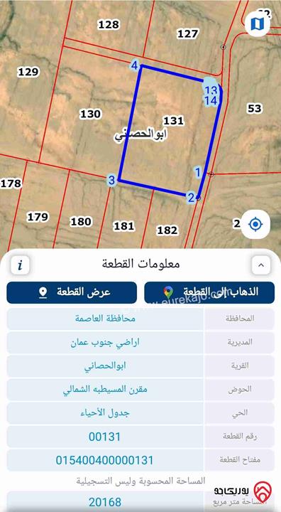 ارض مساحة 20386م للبيع من أراضي جنوب عمان - أبو الحصاني 