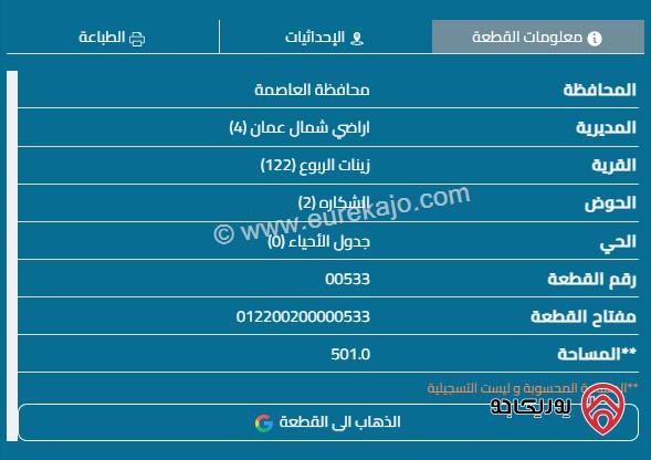 قطعة أرض مساحة 501م للبيع في عمان - شفا بدران 