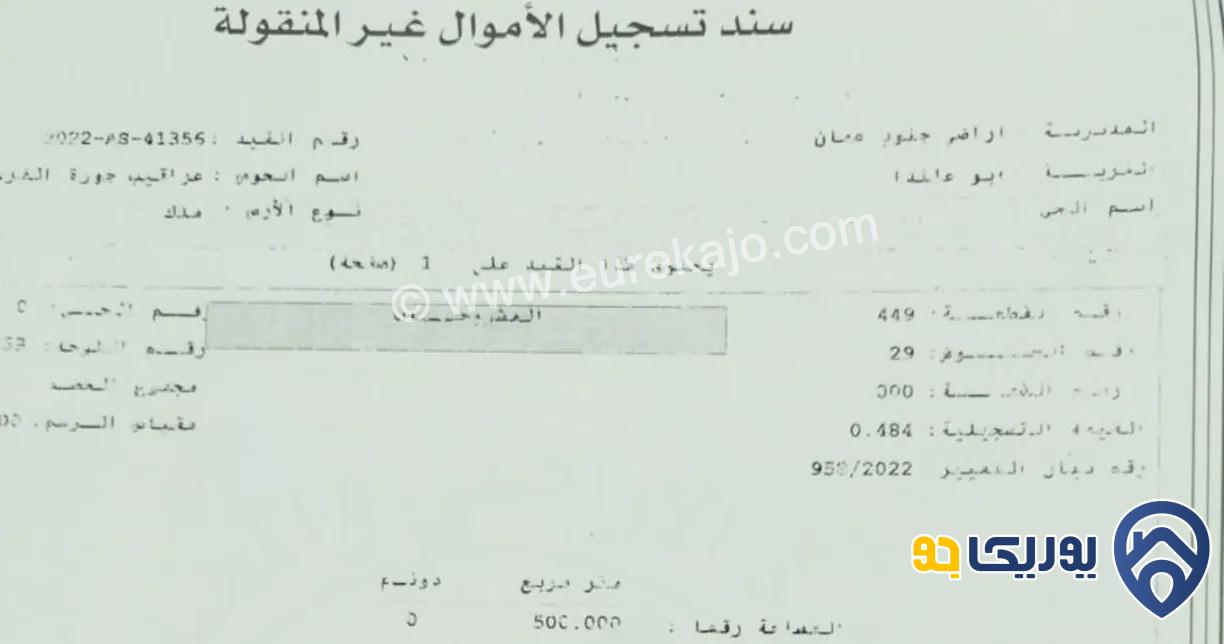 قطعة أرض مساحة 500م للبيع في أبو علندا 