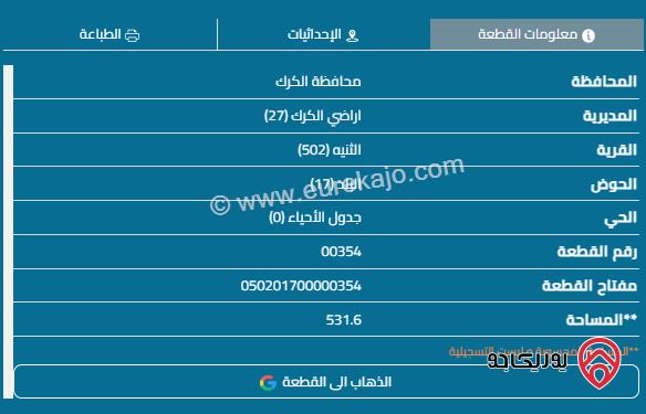 قطعة أرض مساحة 530م للبيع في الكرك - الثنية	