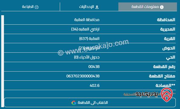 قطعة أرض مساحة 402م للبيع في العقبة - منطقة التاسعة