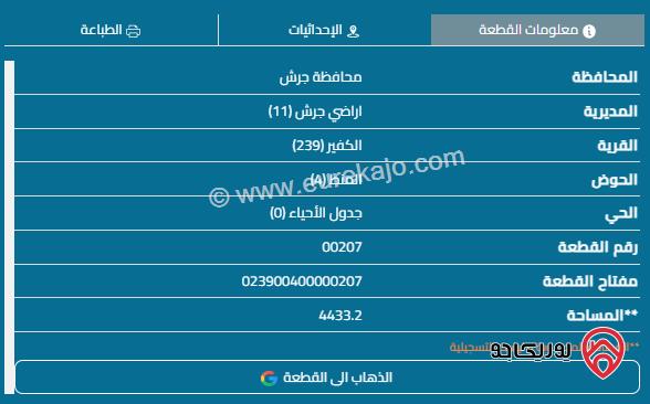 أرض مساحة 4433م للبيع في جرش الكفير 