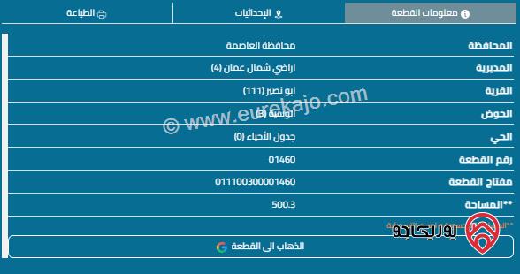 قطعة ارض مساحة 500م للبيع في ابو نصير 