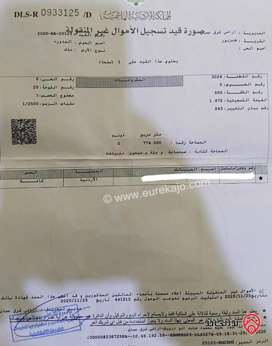 قطعة أرض مساحة 776م للبيع في عمان - طبربور	