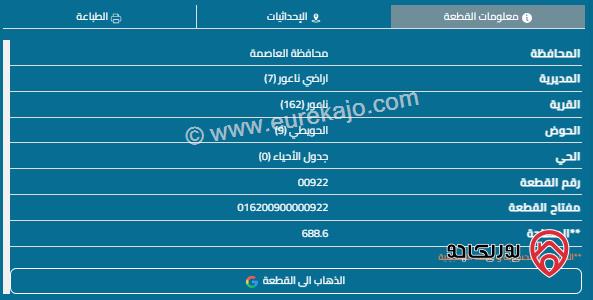 قطعة أرض مساحة 688م للبيع في مرج الحمام