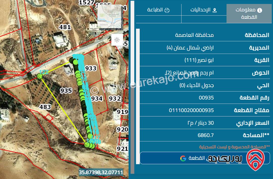 قطعة أرض مساحة 2 دونم للبيع في عمان - ابو نصير على شارع الاردن