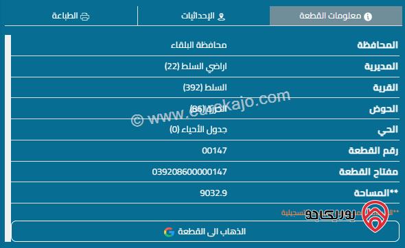 قطعة أرض مساحة 9 دونم للبيع في السلط 