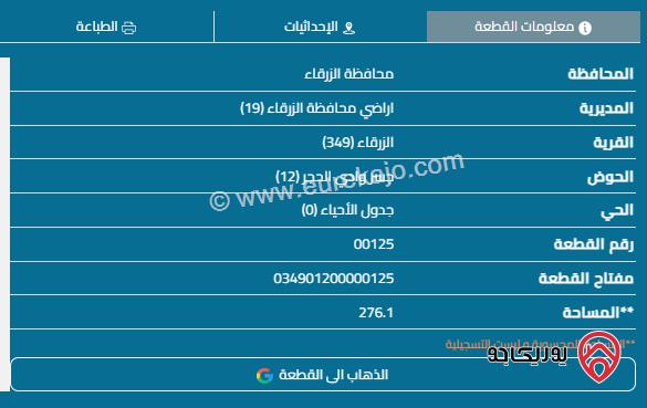 قطعة ارض مساحة 280م للبيع في الزرقاء - وادي الحجر	