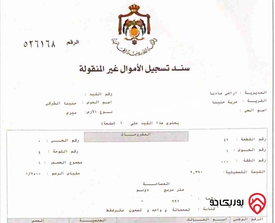 أرض مساحتها 991م للبيع في مأدبا - خربة حنينا الشرقية 