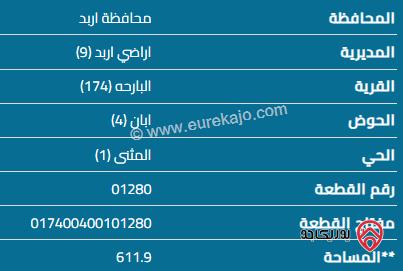 قطعة أرض مساحة 611 م للبيع في اربد - البارحة