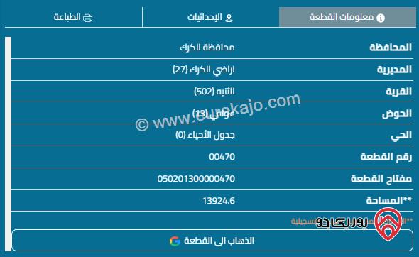 أرض مساحة 13925م للبيع في الكرك - الثنية 