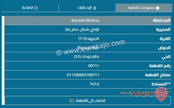 قطعة أرض مساحة 747م للبيع في الجبيهة 