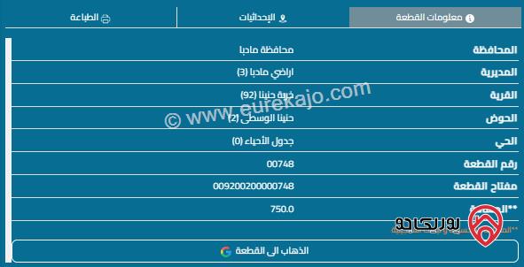 قطعة ارض مساحة 750م للبيع في مأدبا - حنينا 