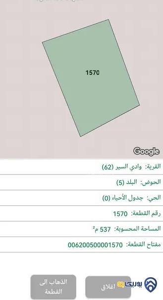 قطعة أرض مساحة 546م للبيع في وادي السير