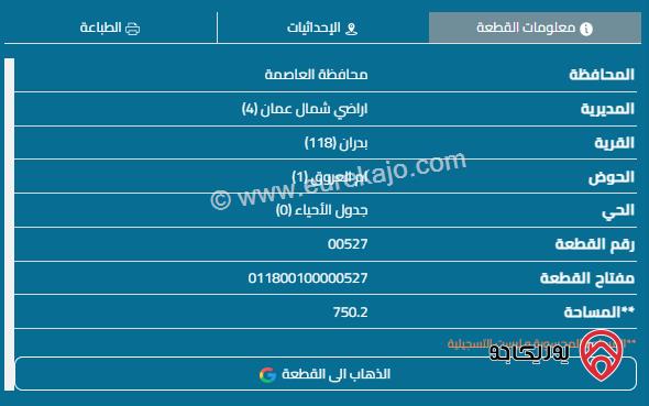 قطعة ارض على شارعين مساحة 750م للبيع في عمان - شفا بدران	