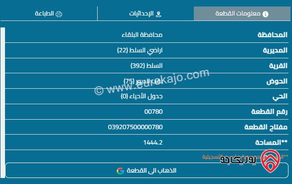 قطعة أرض مساحة 1444م للبيع في السلط