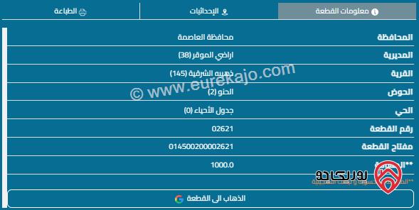 قطعة أرض مساحة 1000م للبيع في ذهيبة الشرقية 