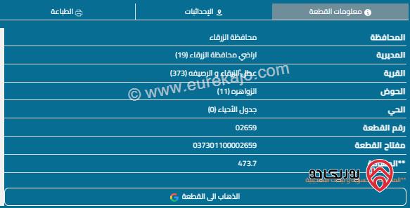 قطعة أرض مساحة 473م للبيع في الزرقاء - الزواهرة 