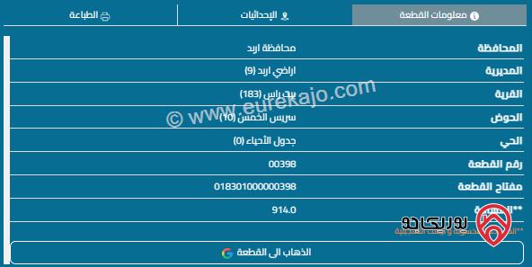 قطعة أرض مساحة 914م للبيع في اربد - بيت رأس 