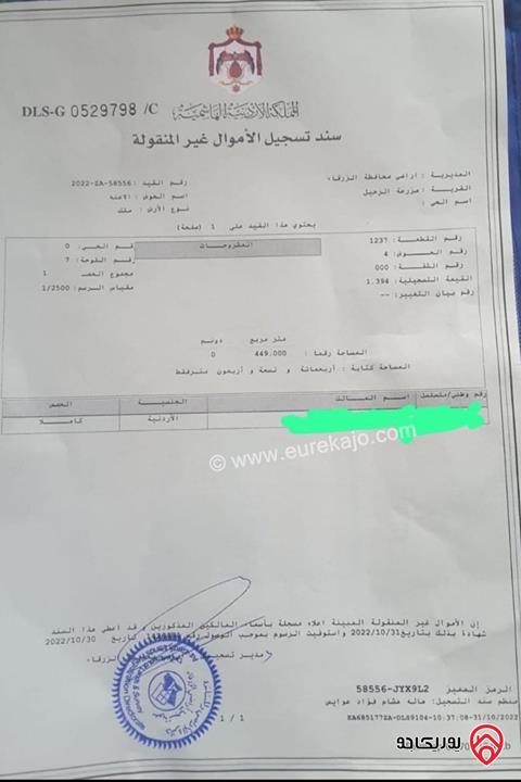 أرض مساحة 448م للبيع في الزرقاء - منطقة شومر