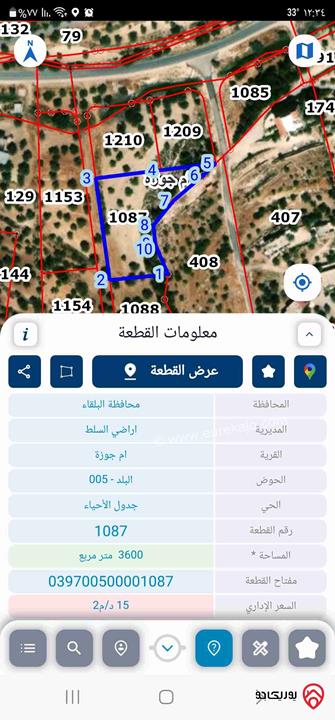 أرض مساحة 3 دونم و 600م للبيع في السلط - ام جوزة بسعر مغري