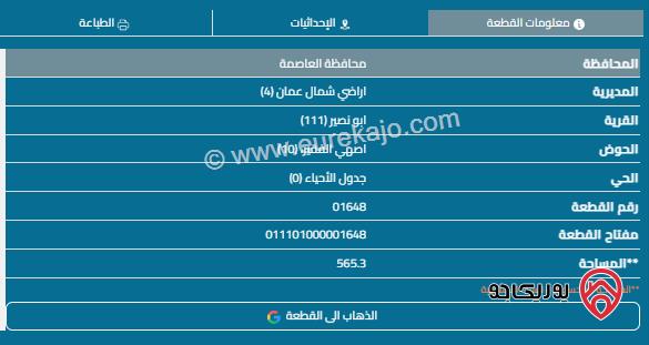 قطعة أرض مساحة 565م للبيع في أبو نصير