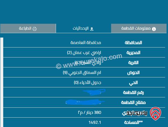 قطعة ارض مساحة 1 دونم و 492م للبيع في عمان - السابع الروابي