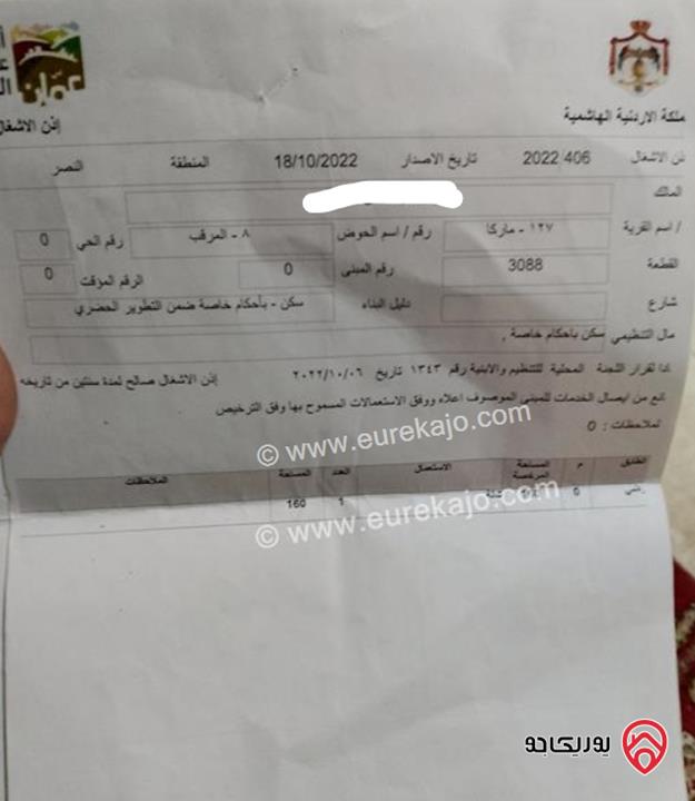بيت مساحة 186م على أرض 309م للبيع في عمان - اسكان صالحية العابد البيت ع درج وليس شارع 