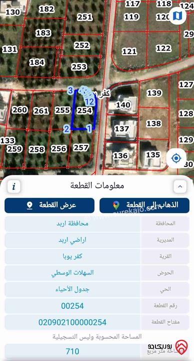 قطعة أرض مميزة على شارعين مساحة 710م للبيع في اربد - كفريوبا 