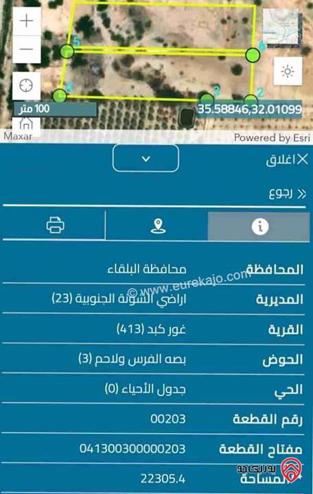 ارض مساحة 22 دونم و 305م للبيع من أراضي الشونة الجنوبية 