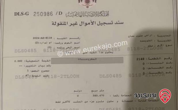 أرض مساحة 560م للبيع في عمان - ام نوارة خلف الدفاع المدني
