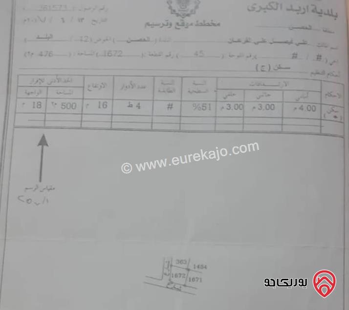 قطعة أرض على شارعين مساحة 476م للبيع في اربد - الحصن	