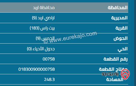 قطعة أرض للبيع مساحة 248م في اربد - بيت راس