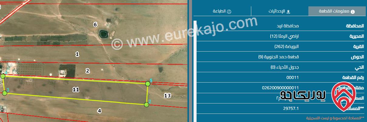 قطعة أرض زراعية مساحة 29 دونم و 704م للبيع في اربد - الرمثا