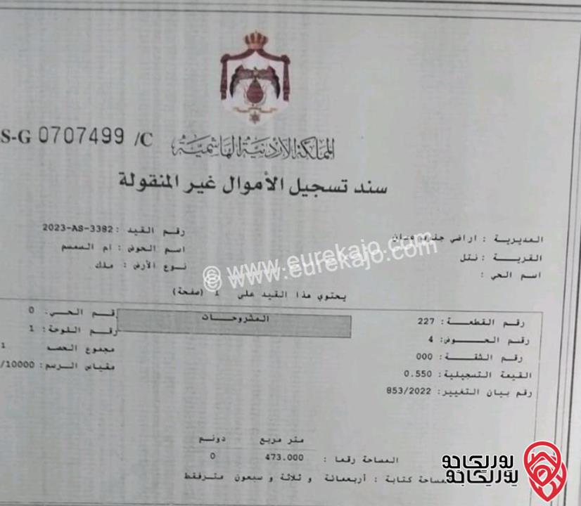 قطعة أرض مساحة 474م للبيع من أراضي جنوب عمان - نتل