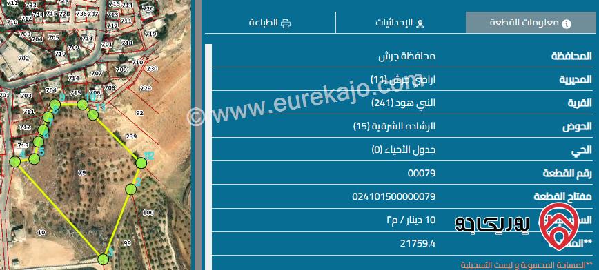قطعة ارض مساحة 22 دونم و 446 م للبيع في جرش