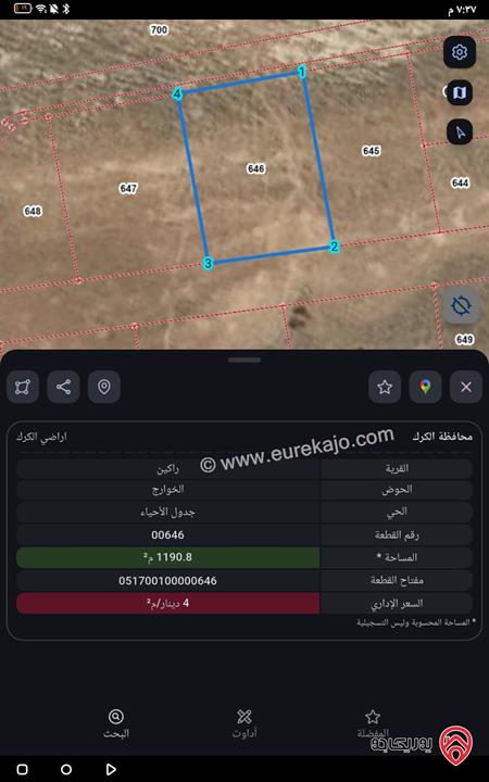 قطعة ارض مساحة 1 دونم و 191م للبيع في الكرك - الثنيه