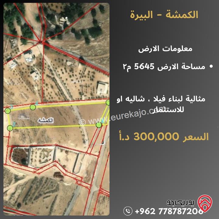 أرض مساحة 5 دونم و 645م للبيع في الزرقاء - الكمشة – البيرة