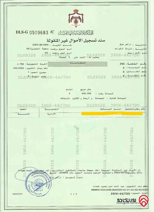 قطعة أرض تقع على 3 شوارع مساحة 934م للبيع في جرش اسكان الصيادلة