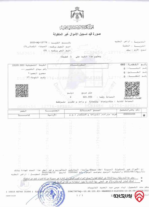 قطعة أرض سياحي فندقي على شارعين مساحة 6621م للبيع في العقبة