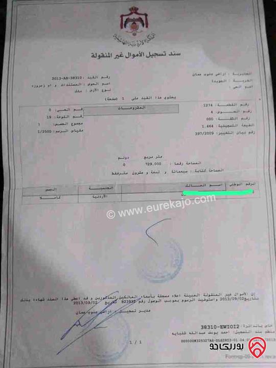 قطعة ارض مساحة 729م للبيع في عمان - منطقة الجويدة حوض المستندات والزعرورة