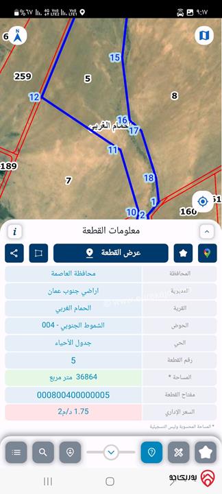 قطعة ارض مساحة 36 دونم للبيع من أراضي جنوب عمان - الحمام الغربي
