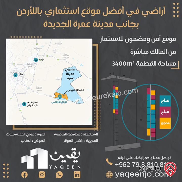 اراضي مساحة 3 دونم و 400م للبيع من اراضي الموقر في المديسيسات حوض الجناب بالقرب من مدينة عمرة الجديدة