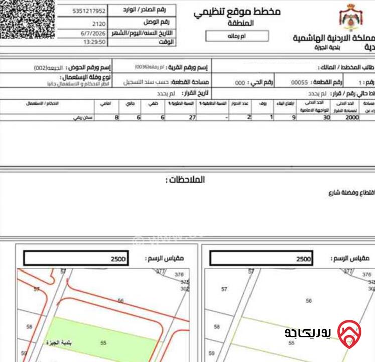 قطعة أرض مساحة 2 دونم و 170م للبيع من أراضي جنوب عمان - ام رمانة ملاصقة لفلل الأندلسية