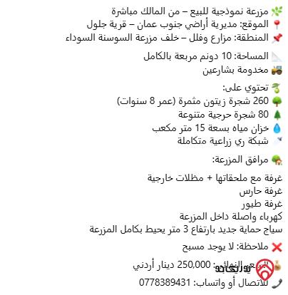 مزرعة نموذجية مربعة تمامًا مساحة 10 دونم على شارعين للبيع من المالك مباشرة في عمان - منطقة جلول