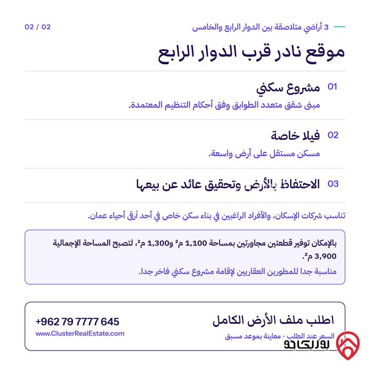 قطع أراضي متلاصقة عدد 3 للبيع في عمان - بين الدوار الرابع والخامس